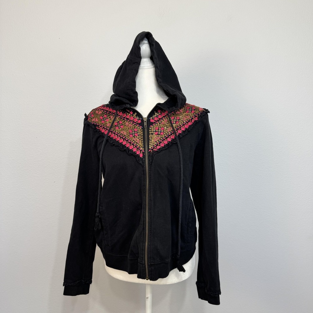 Anthropologie Akemi + Kin Hoodie Women's Small Black Beaded Embroidered Full Zip